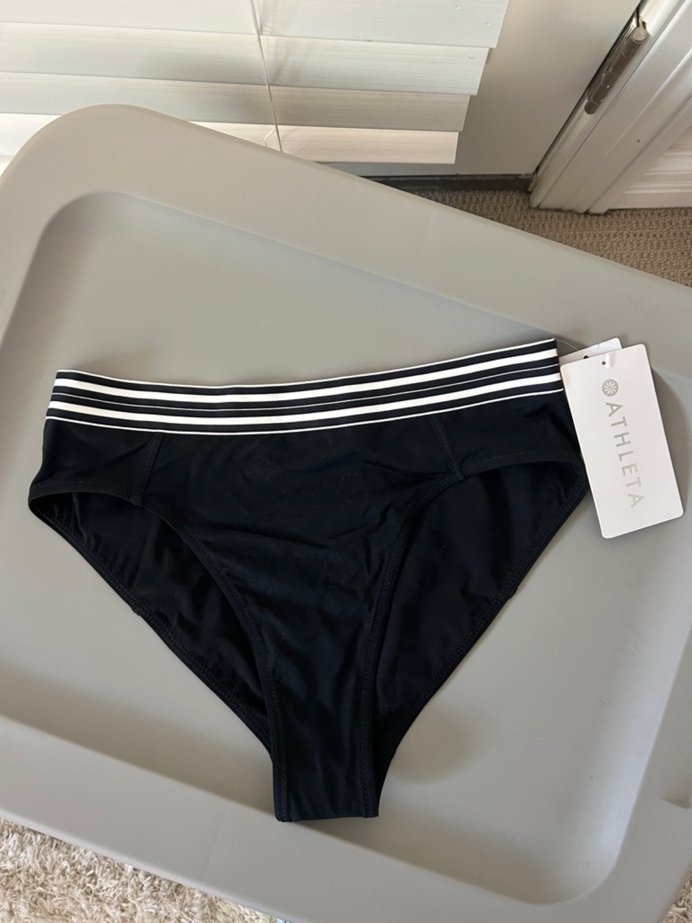 Athleta Black Bikini Bottom with White Striped Waistband